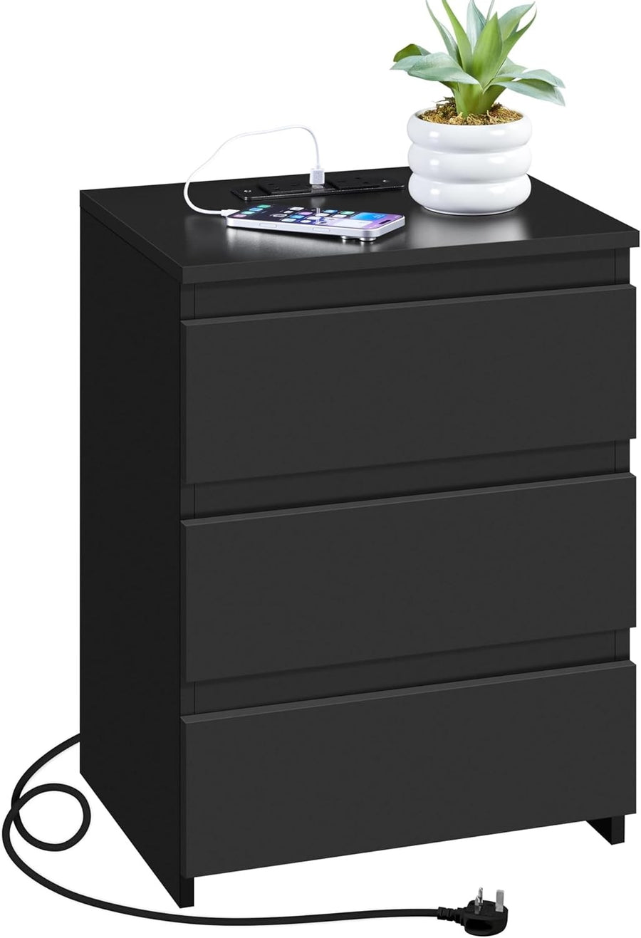 Modern Bedside Table with Charging Station, USB & Outlet Ports, 3-Drawer Nightst