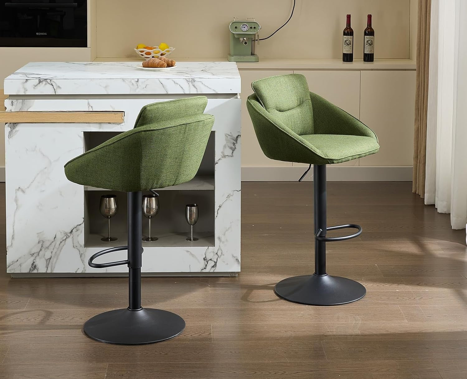 Adjustable Green Swivel Bar Stools Set of 2 | Linen Seat, Metal Base