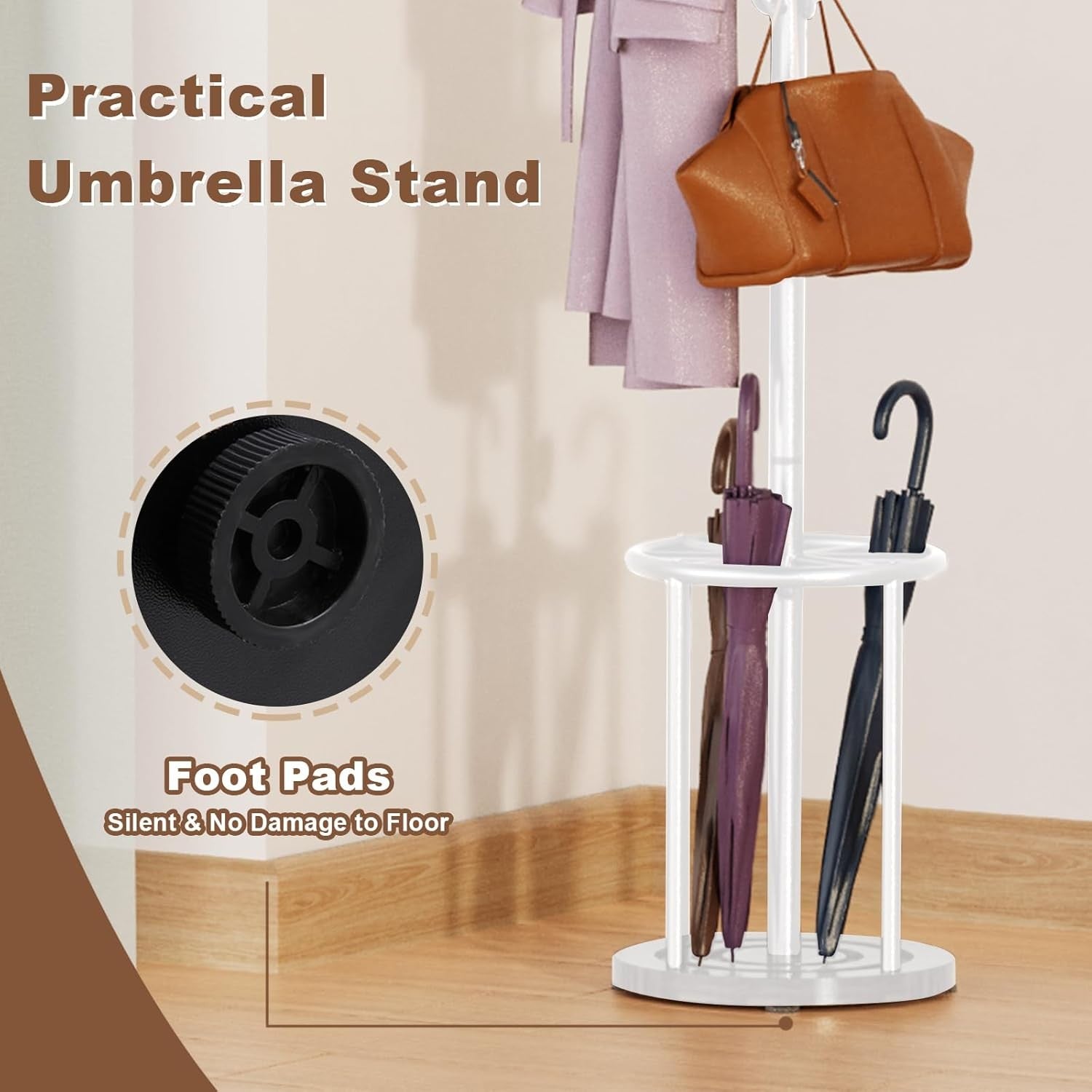 White Metal Coat Rack Stand | 12 Hook Freestanding Hall Tree with Umbrella Base
