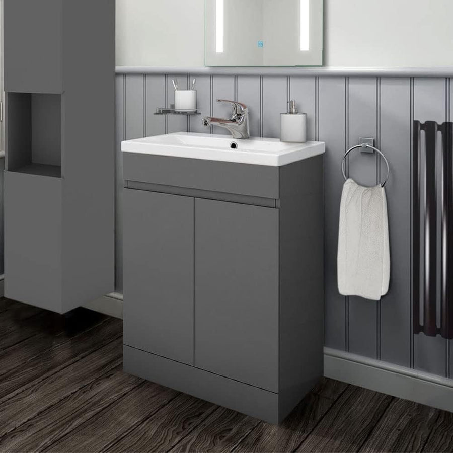 600mm Matt Grey Floor Standing Vanity Unit with Basin 2 Door Sink Cabinet