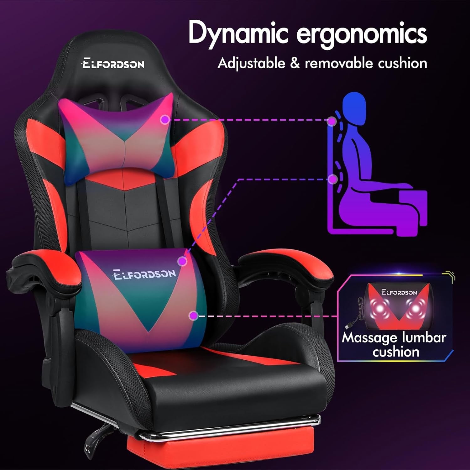 Red LED Gaming Chair RGB 8-Point Massage Recliner w/ Footrest
