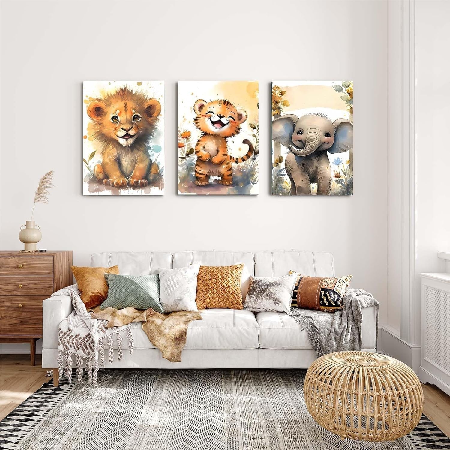 Cute Animal Canvas Wall Art Set of 3 Framed Prints 12x16 Kids Room Decor
