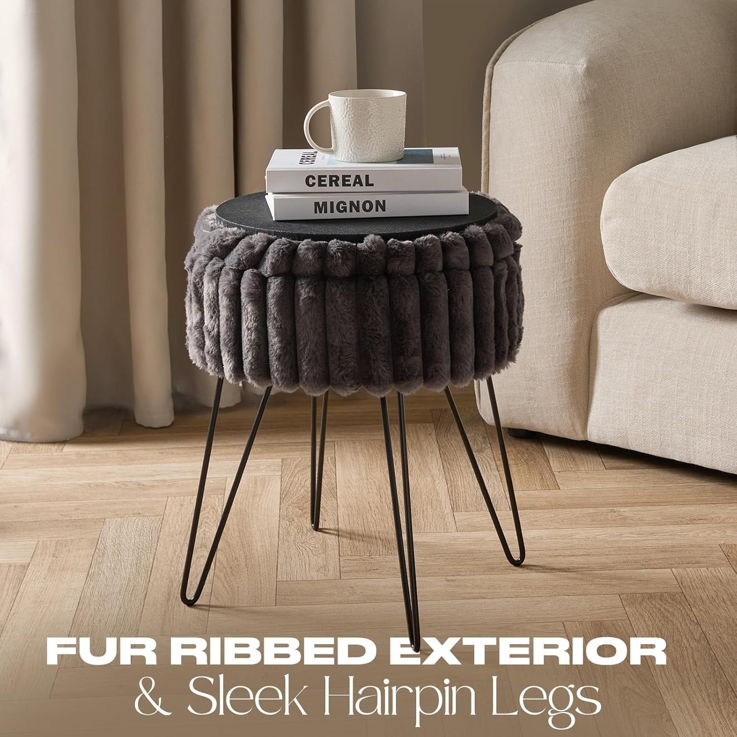 Charcoal Faux Fur Storage Stool Round Footrest Hairpin Leg Ottoman Seat
