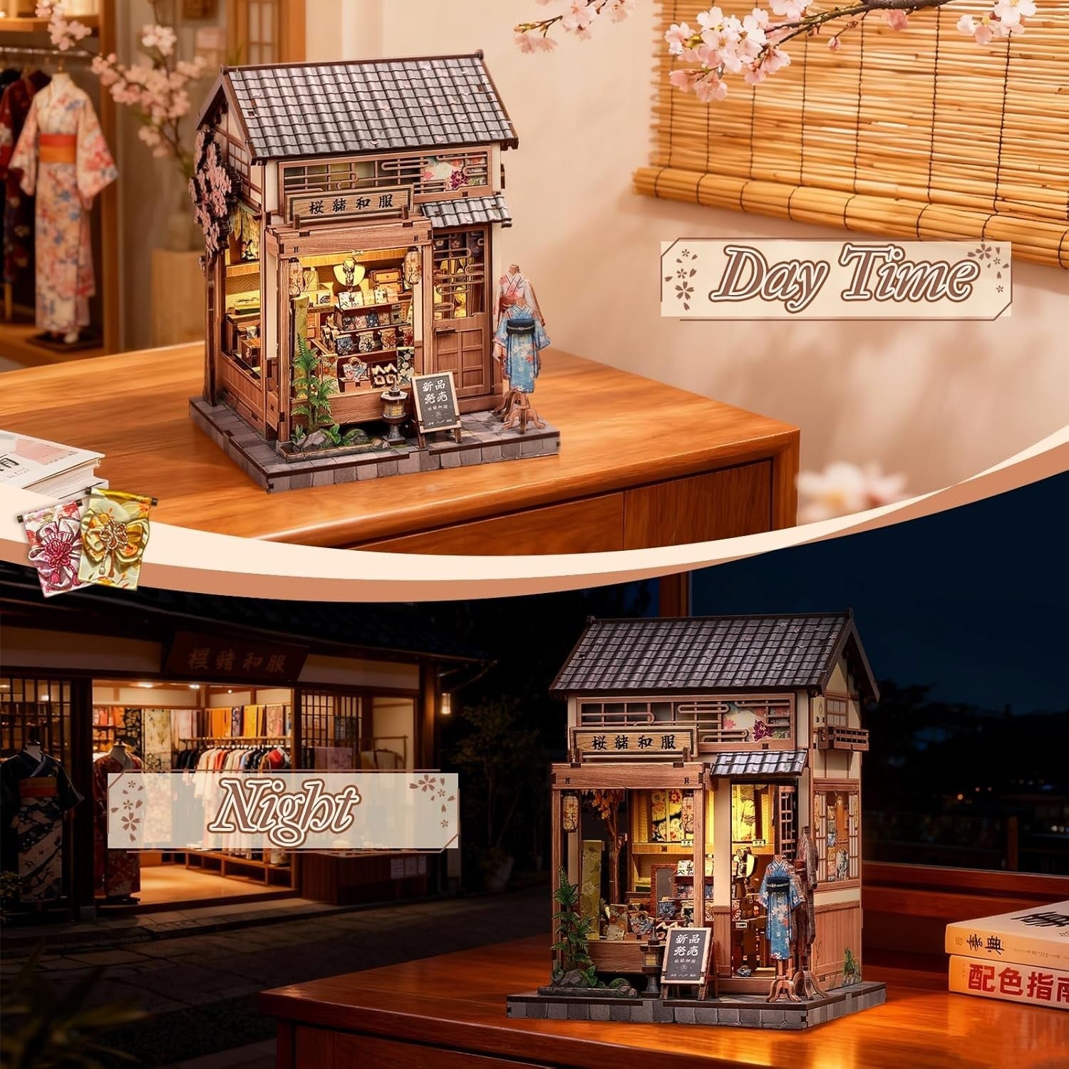 Japanese Sakura Book Nook Kit DIY Miniature House LED Bookshelf Decor