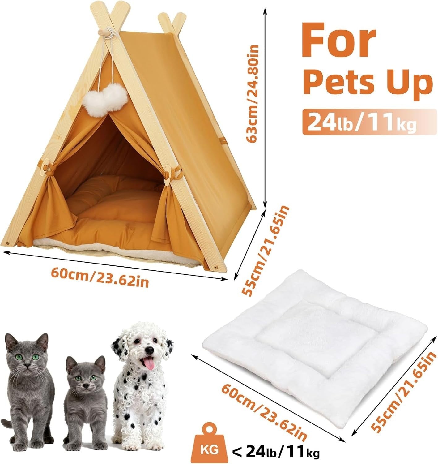 Wooden Pet Teepee Tent Cat Dog House w Cushion Indoor Shelter Yellow