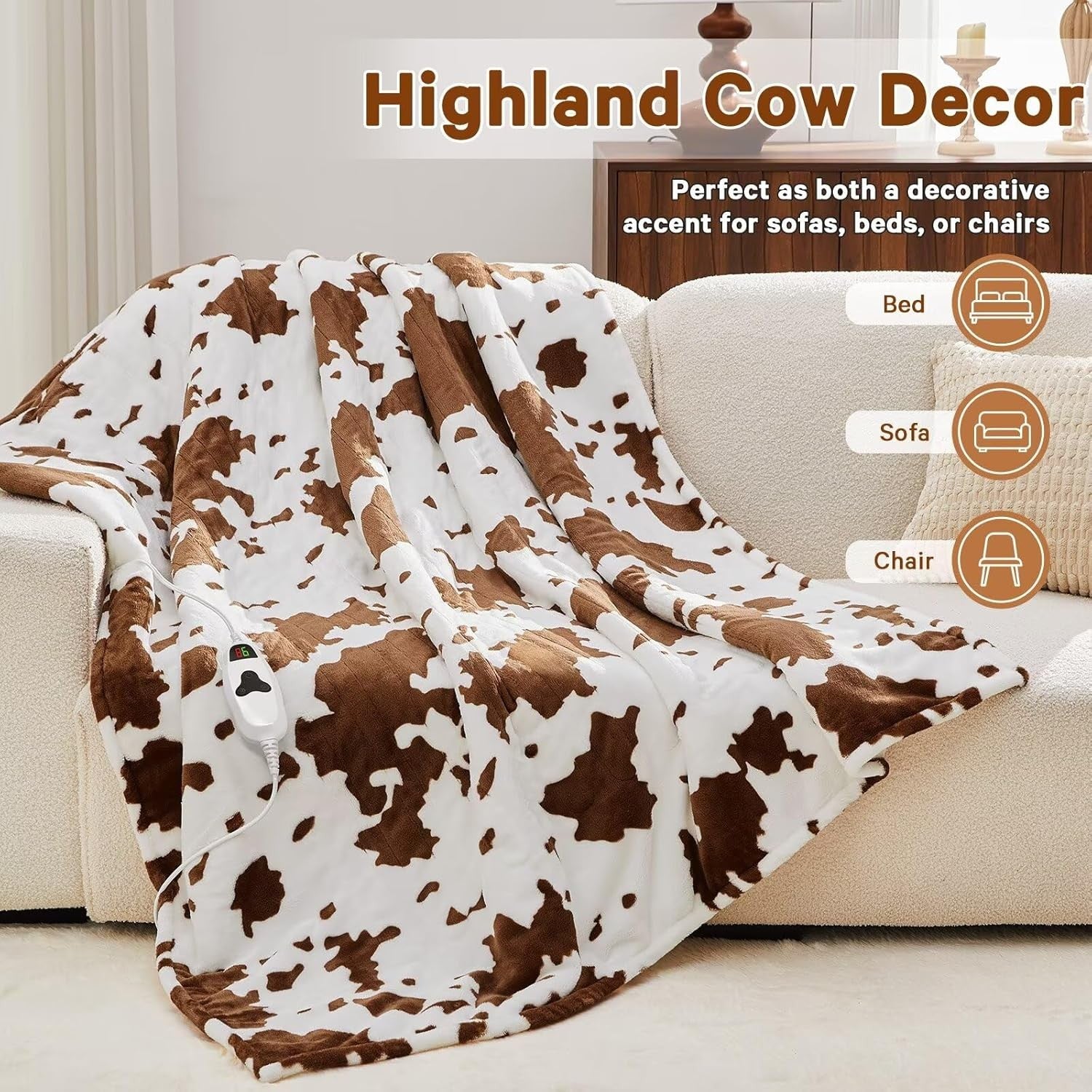Electric Heated Throw Blanket Cow Print Sherpa 10 Heat Auto Off Washable