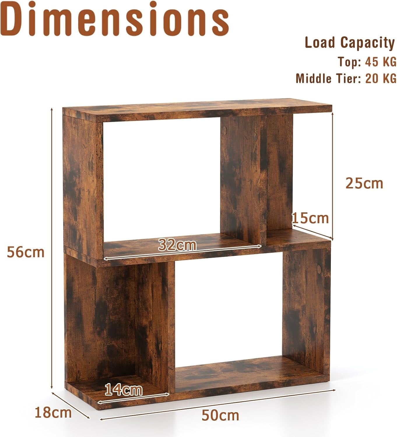 Rustic Brown 3 Tier S-Shaped Bookcase Small Freestanding Display Shelf 50×18×56