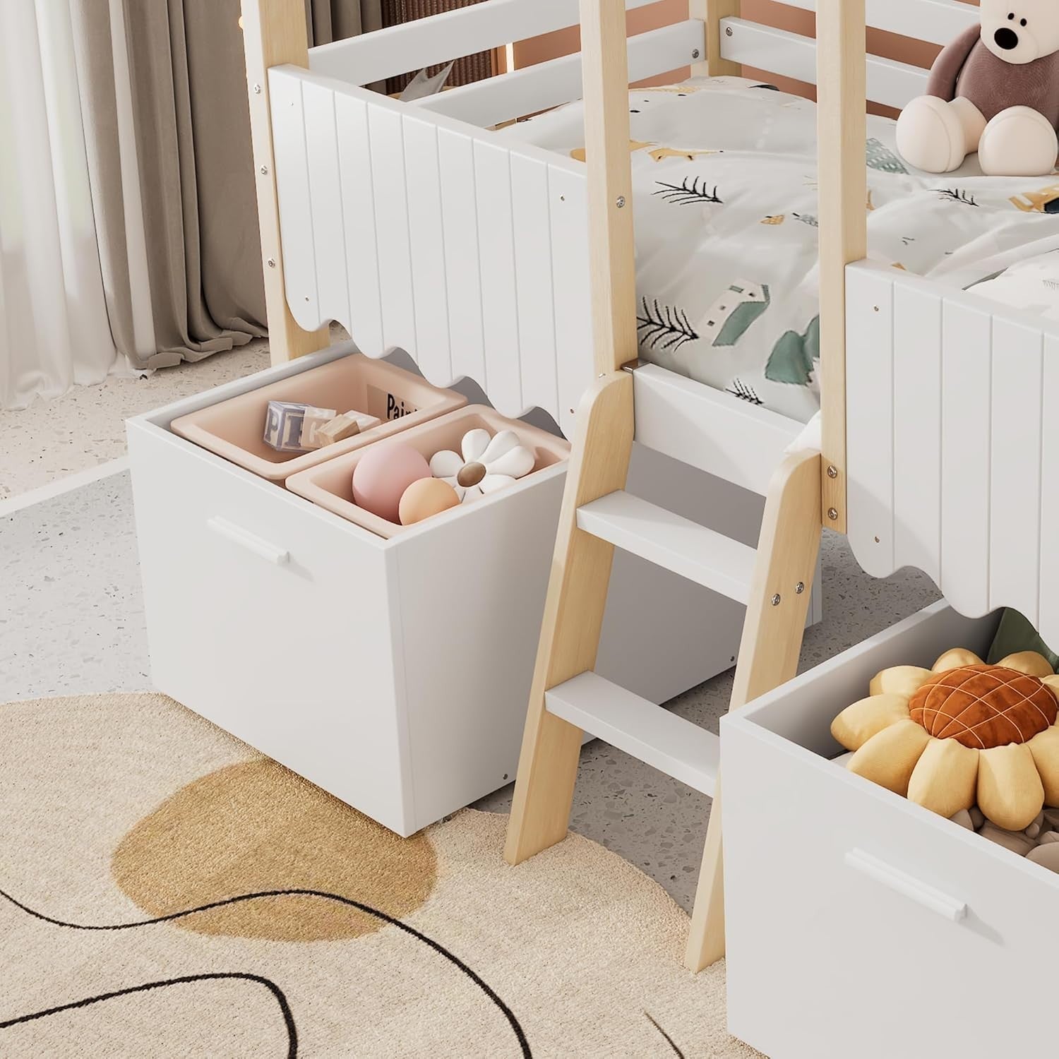 Kids Mid Sleeper Bed with Storage Drawers Safety Guard Cabin 90x190cm