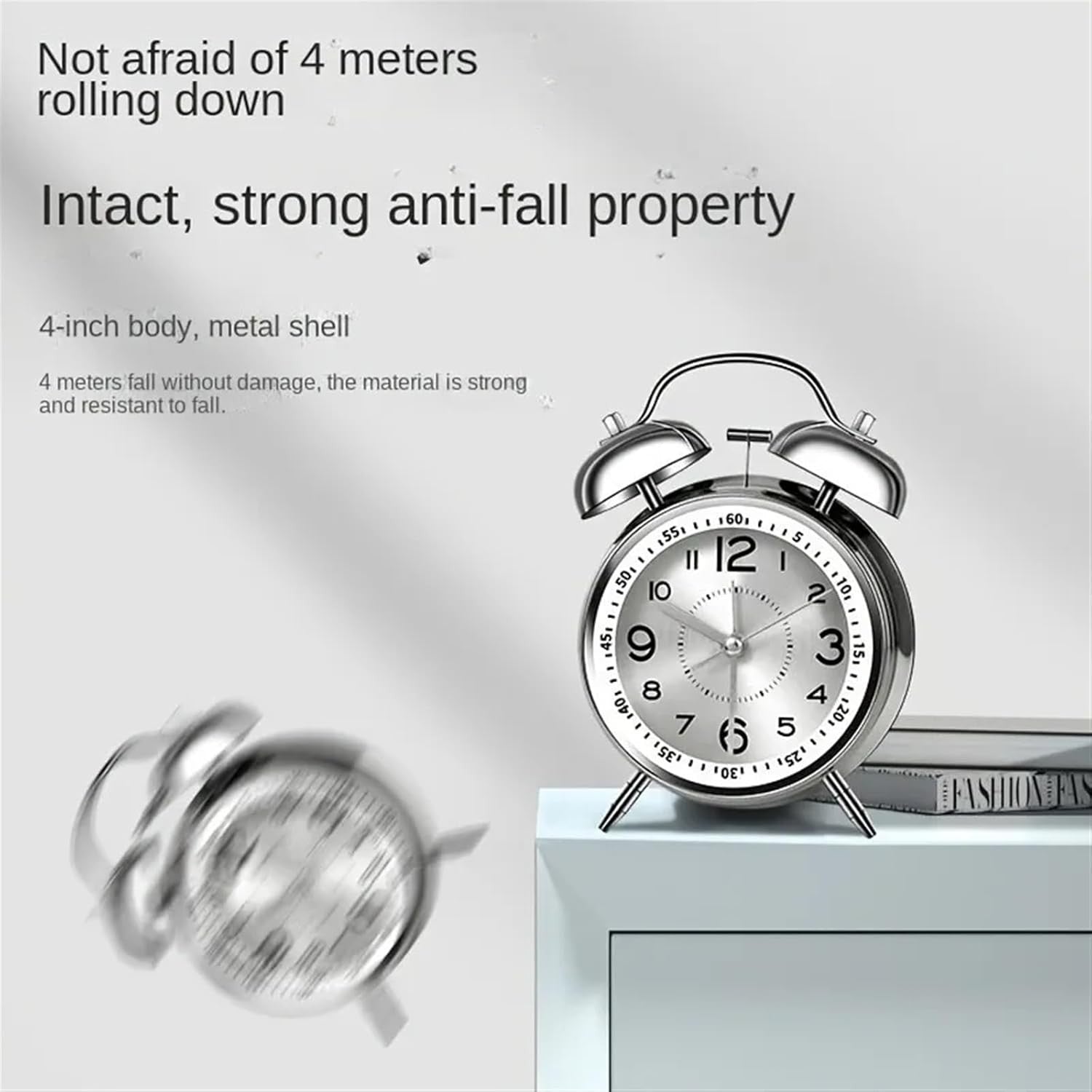 Twin Bell Alarm Clock Loud Silent Non Ticking Metal Retro Heavy Sleepers