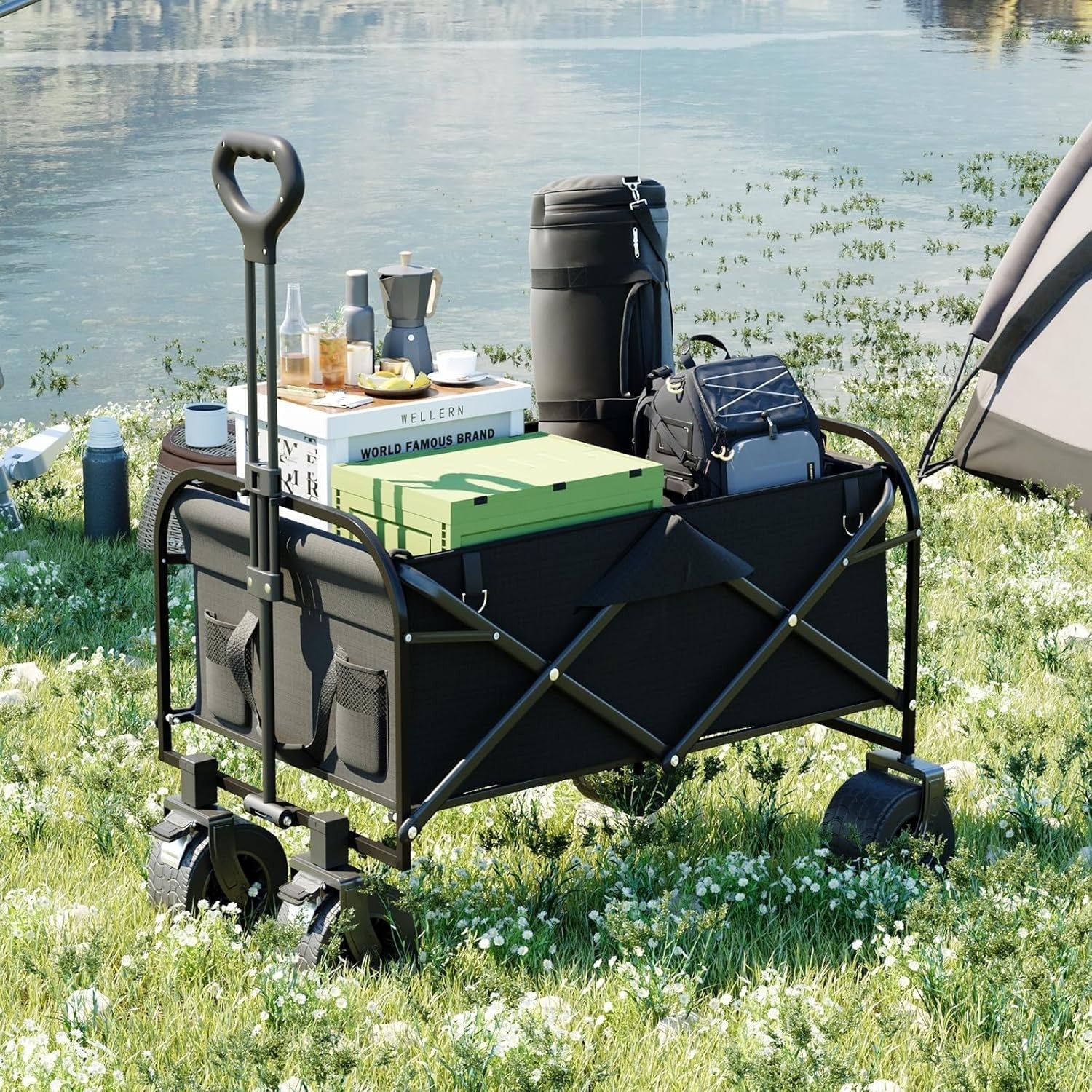 Heavy Duty Festival Trolley 150L Folding Wagon 250KG All-Terrain Wheels Black