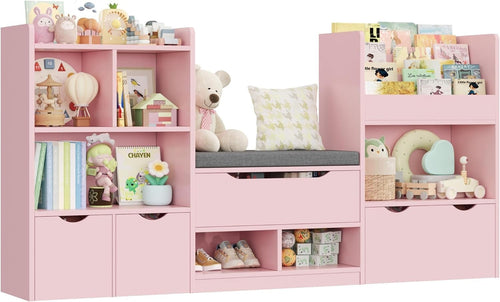 Kids Toy Storage Unit with Bench, 3 Drawers & 7 Shelves – Pink Organizer