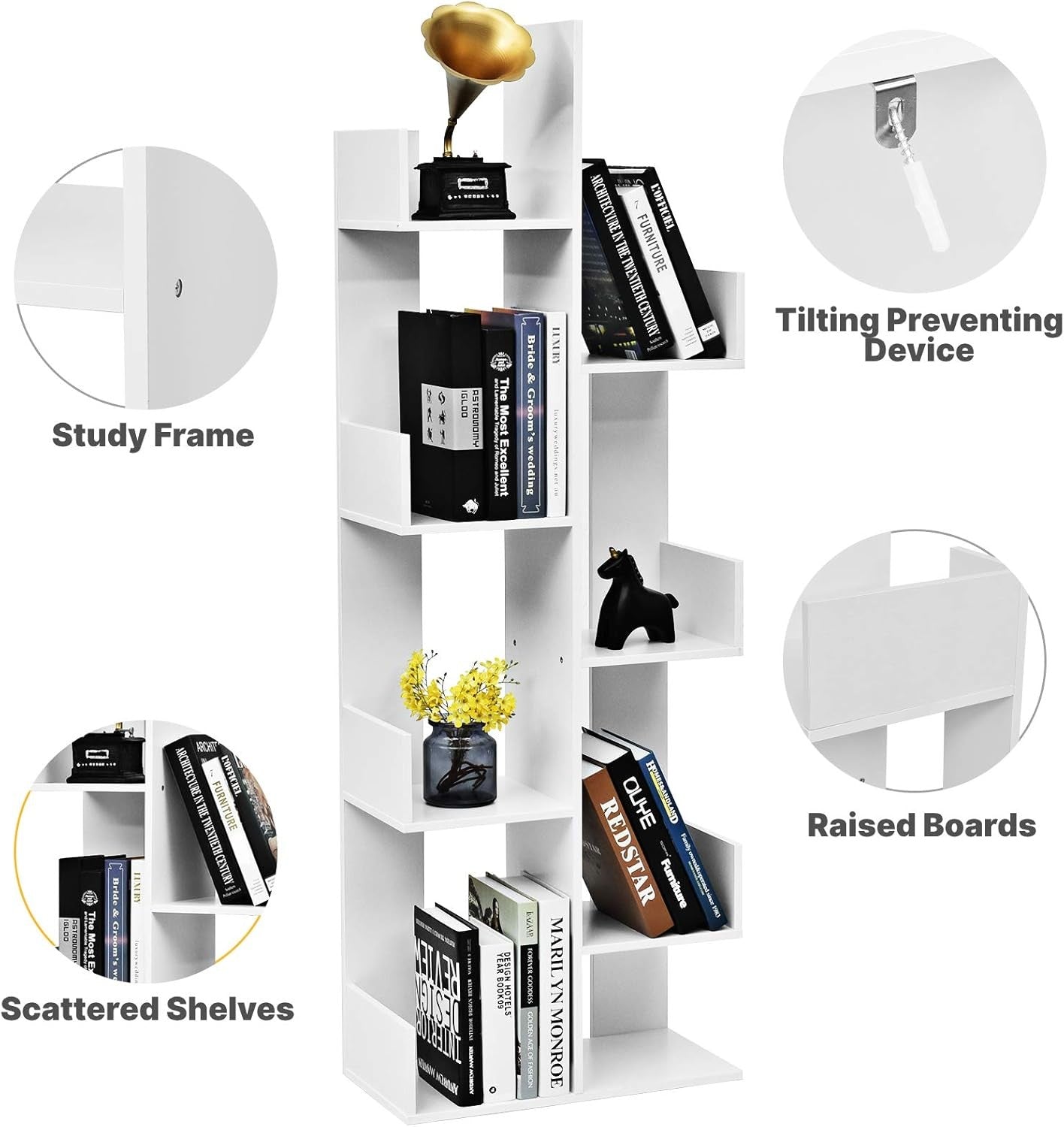 8-Tier Tree Bookcase White Freestanding Modern Storage Shelf Unit for Home Offic