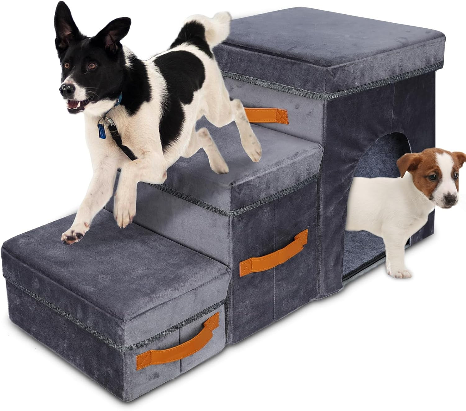 Foldable Dog Steps for Sofa with Storage Non Slip 3 Tier Grey