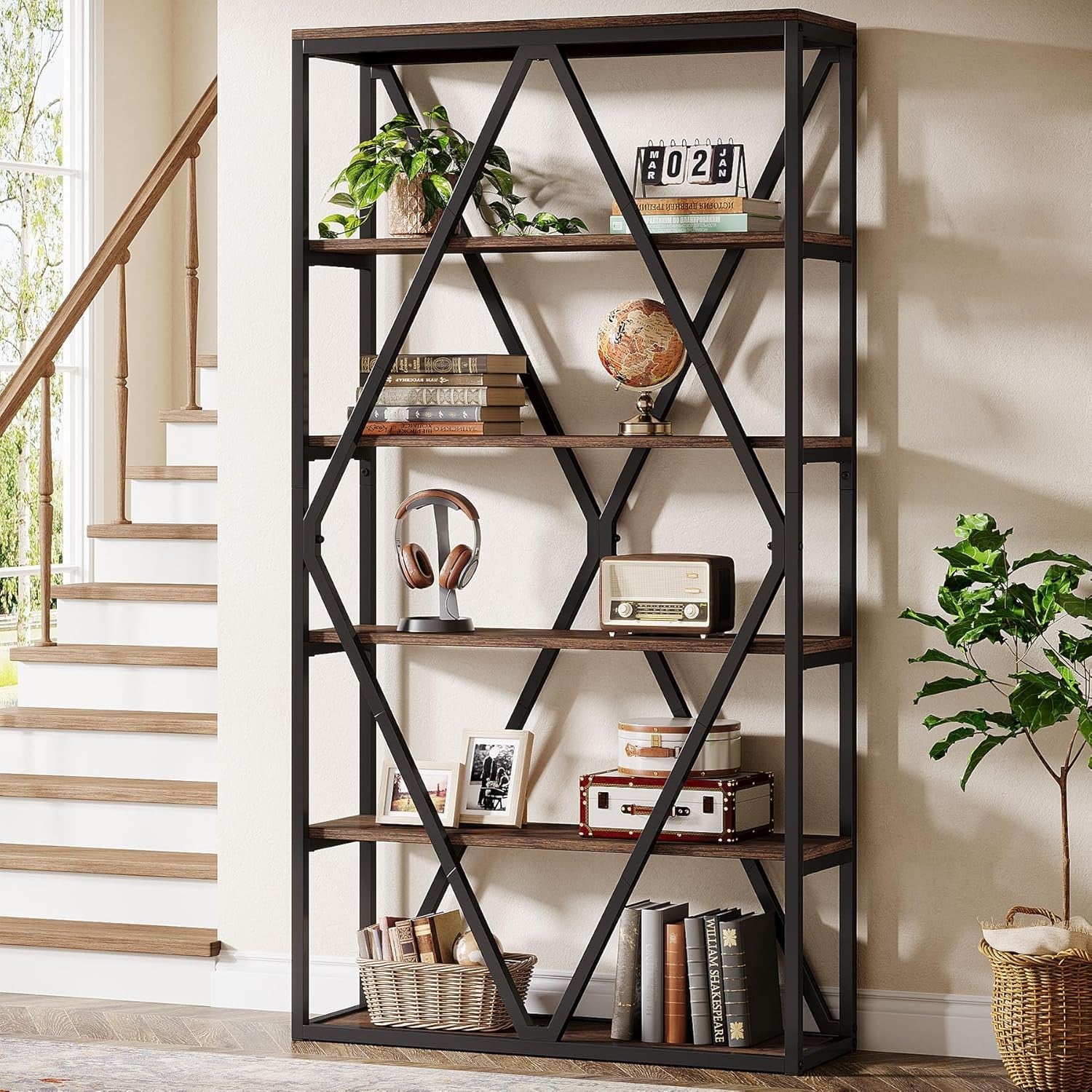 71-Inch Industrial 6-Tier Tall Bookshelf | Rustic Wood & Metal Display Shelving