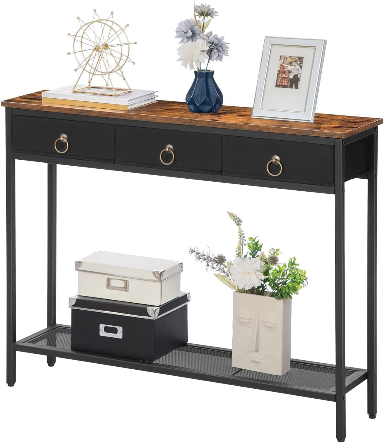 Industrial Console Table with Drawers & Shelf, Slim Metal Frame, 100cm