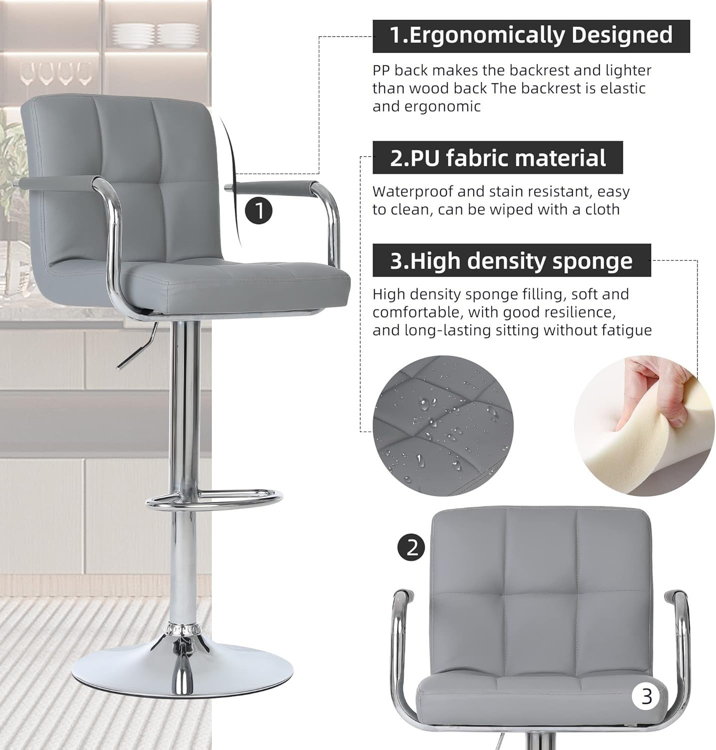 2PCS Silver Grey Adjustable Cuban Bar Stools PU Leather Arms
