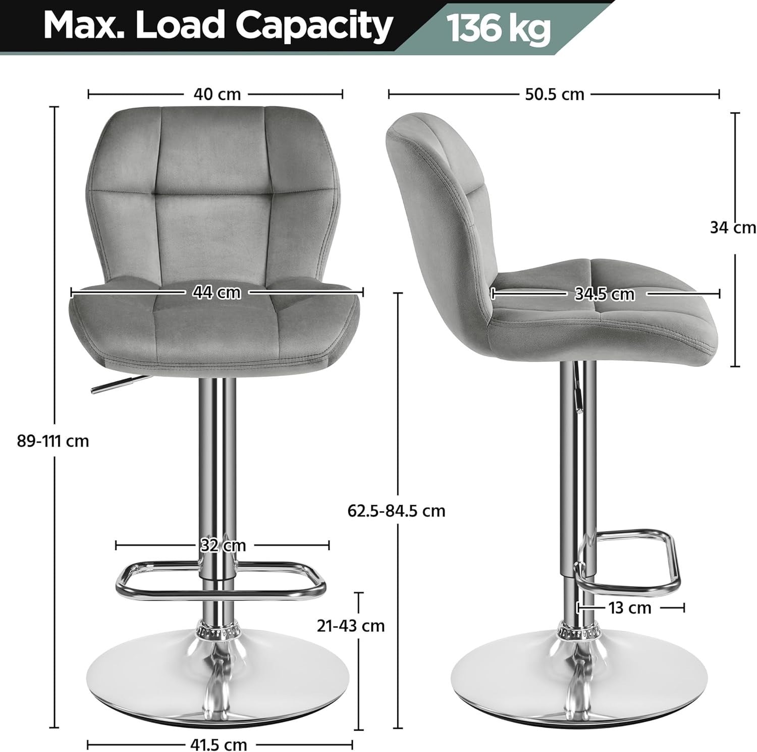 Adjustable Velvet Bar Stools Set of 2 – Swivel Counter Chairs