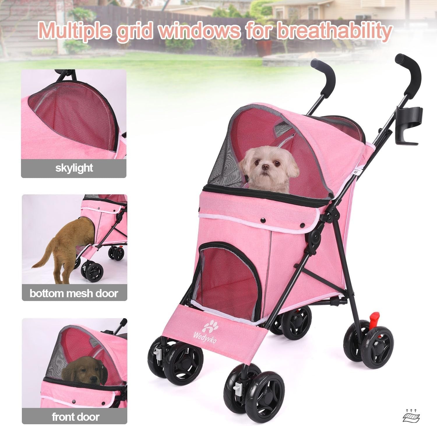 Pet Stroller for Dogs Cats 4 Wheel Foldable Travel Pushchair Detachable