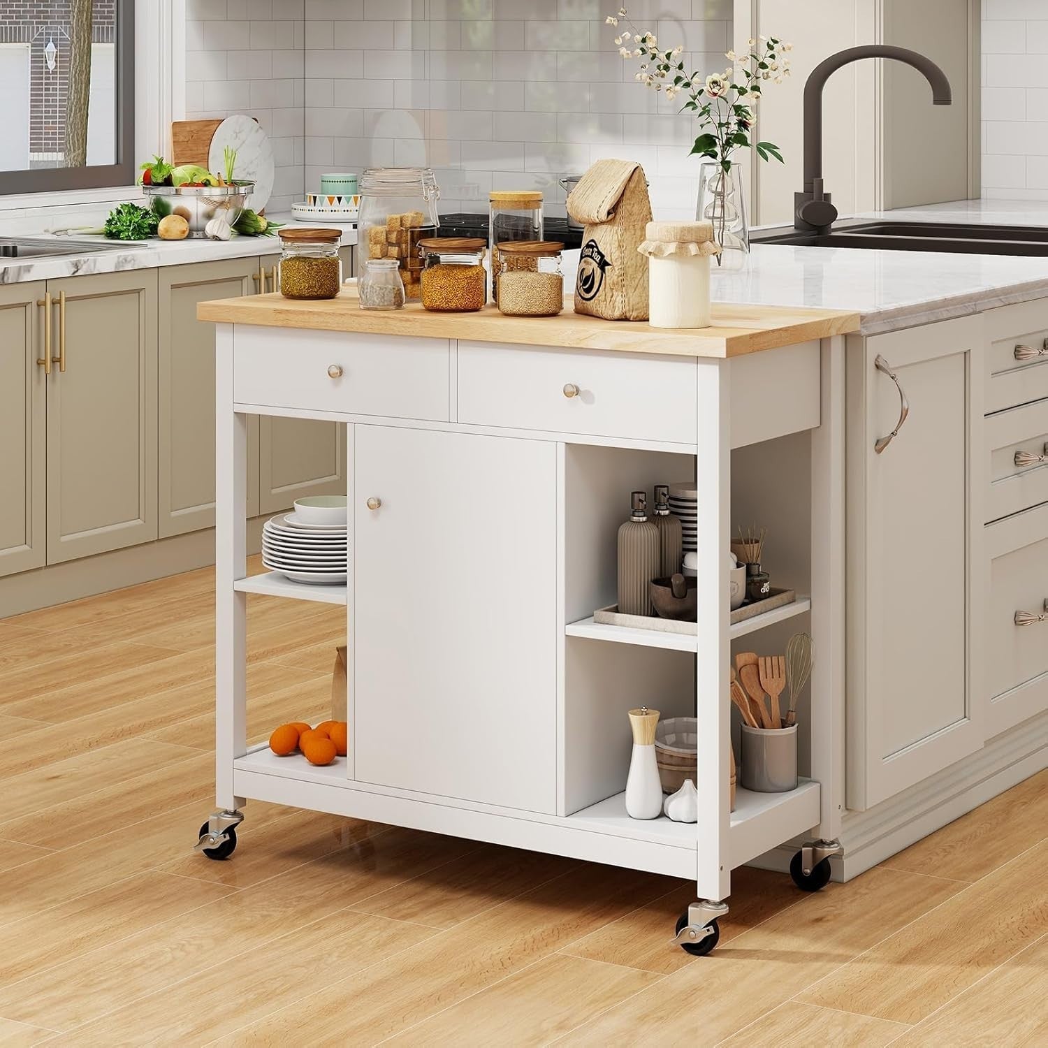 Kitchen Island on Wheels Storage Trolley Cabinet Drawers White