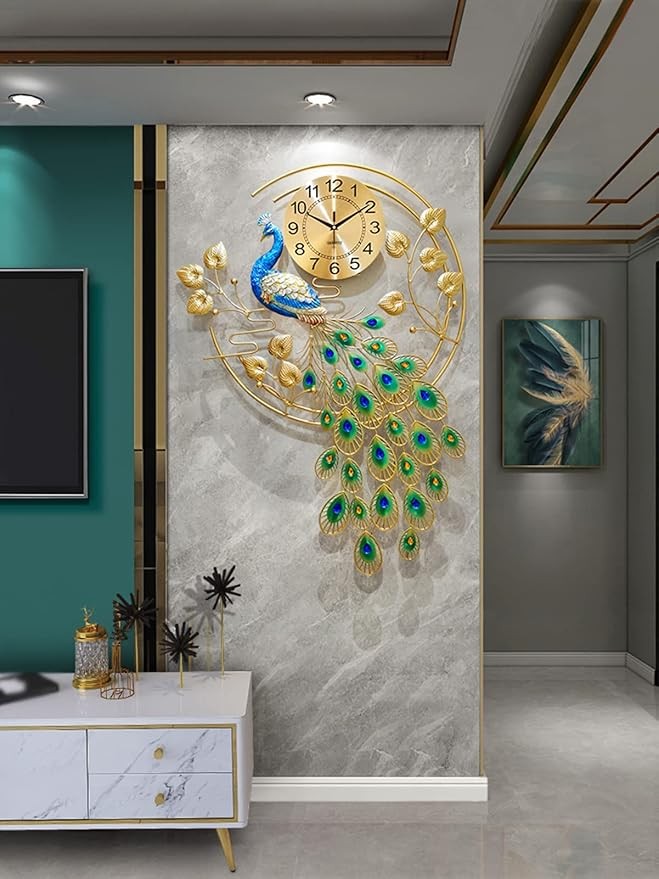 Luxury Peacock Wall Clock 156cm Metal Art Silent Modern Large Home Decor