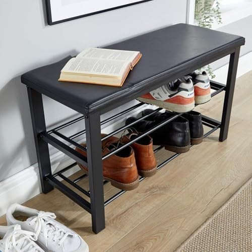 Black Shoe Storage Bench with PU Cushion & 2 Shelves – Metal Hallway Unit