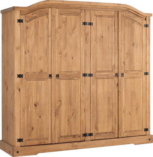 Spacious 4 Door Rustic Pine Wardrobe with Metal Handles & Hinged Doors