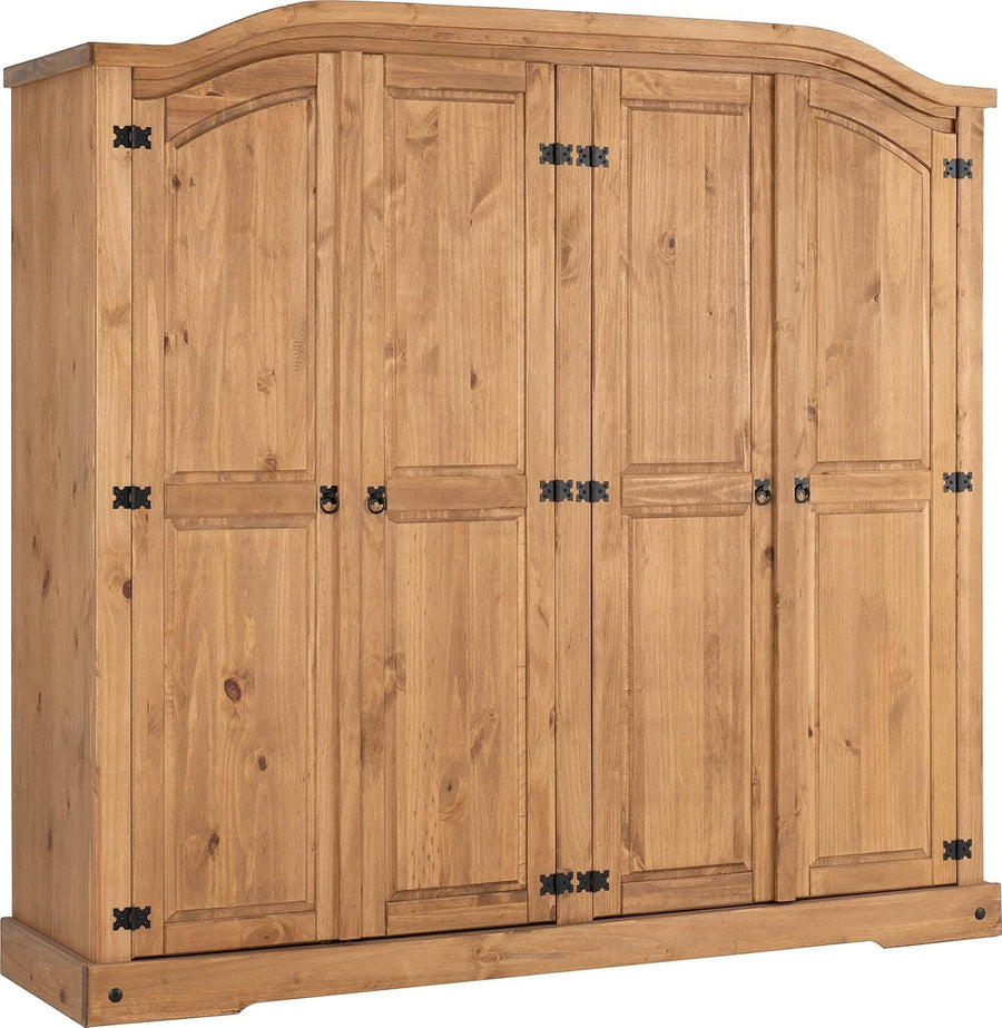 Spacious 4 Door Rustic Pine Wardrobe with Metal Handles & Hinged Doors