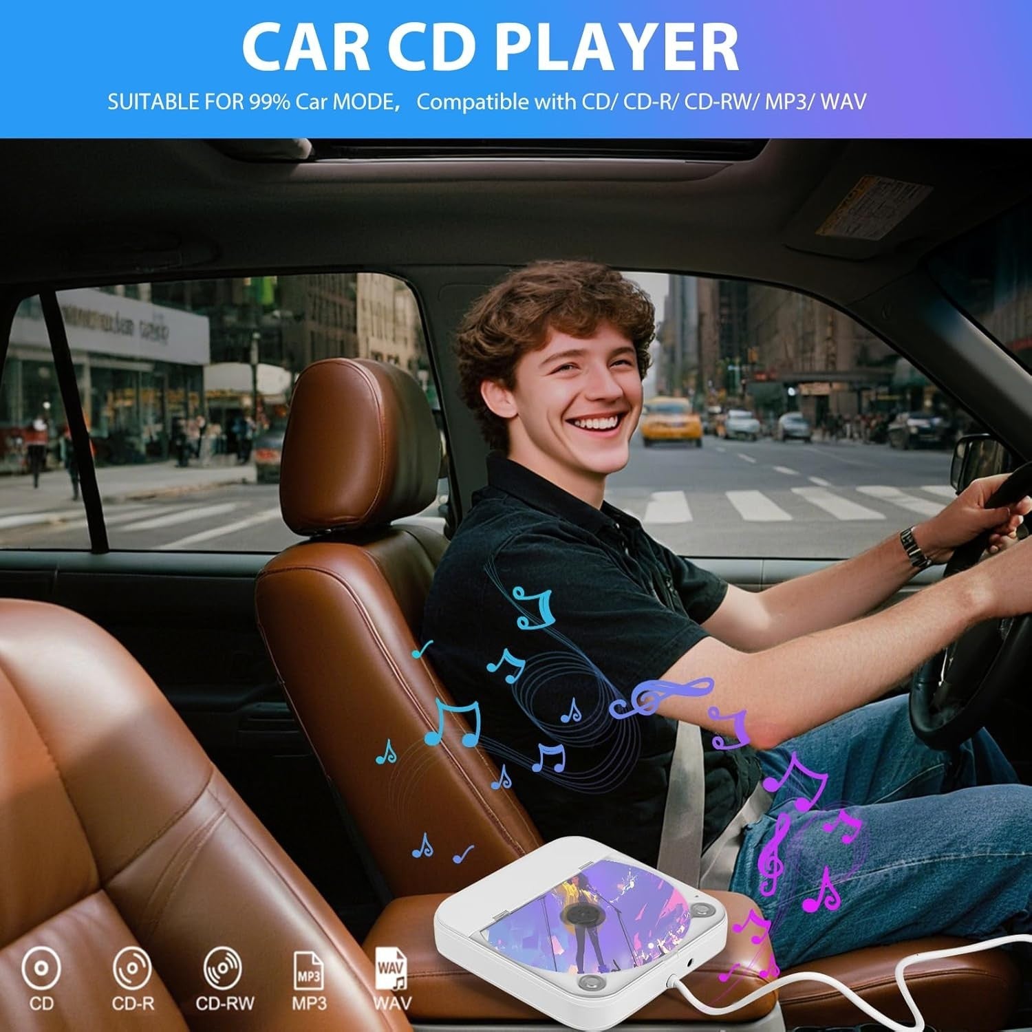 Car USB CD Player Portable Plug & Play AUX Remote Anti Vibration White