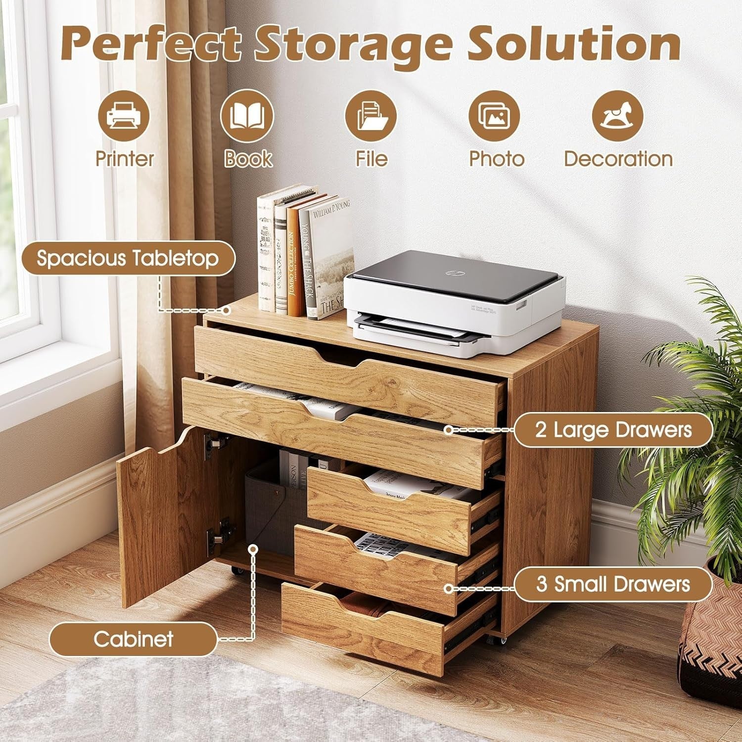 Natural Mobile File Cabinet 5 Drawer Side Cupboard Rolling Printer Stand