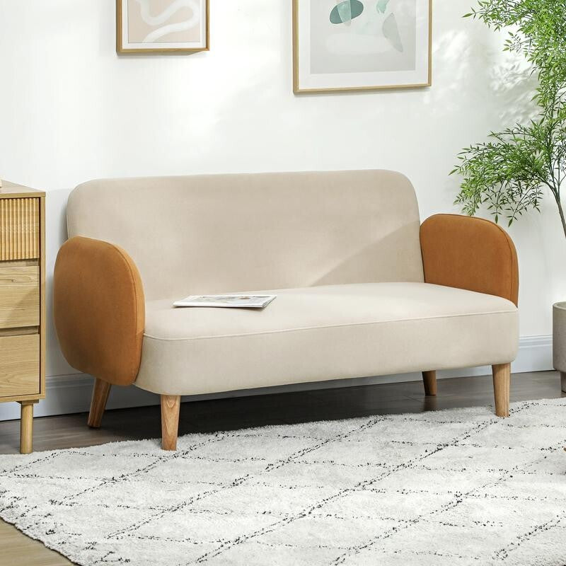 Modern 2 Seater Sofa Cream Velvet Couch Small Nordic Loveseat with Arms