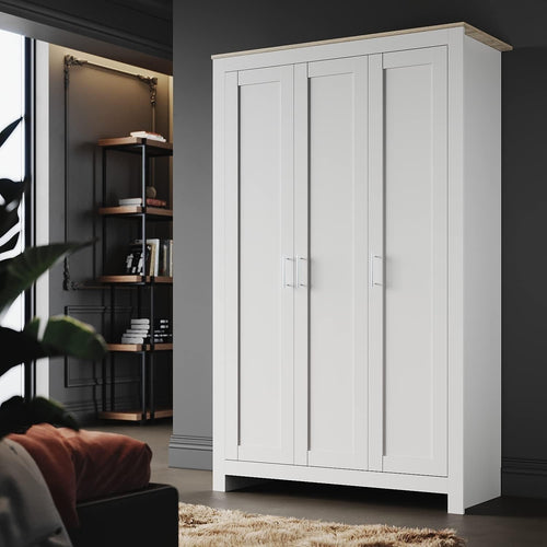 3-Door Wooden Wardrobe with Hanging Rail & 4 Shelves – Durable Storage