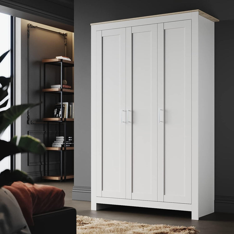 3-Door Wooden Wardrobe with Hanging Rail & 4 Shelves – Durable Storage