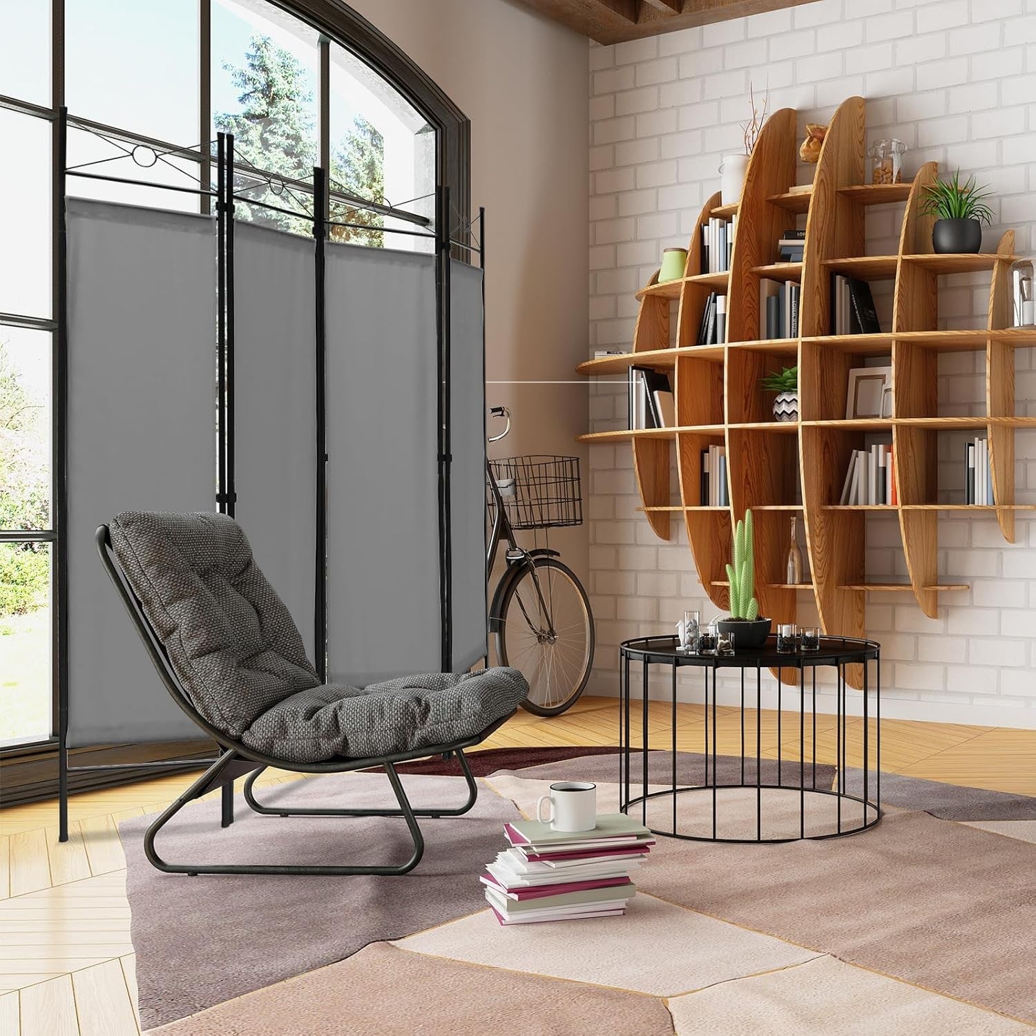 4 Panel Grey Folding Room Divider Privacy Screen Partition for Bedroom Office