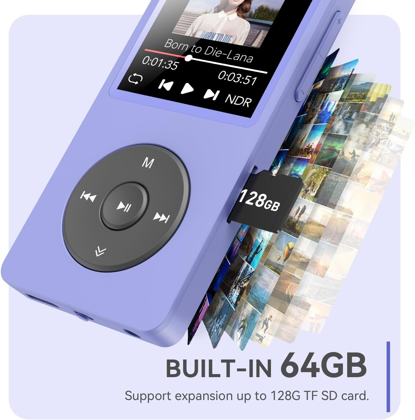 64GB Bluetooth 5.3 MP3 Player Purple 1.8" Screen FM Recorder Speaker