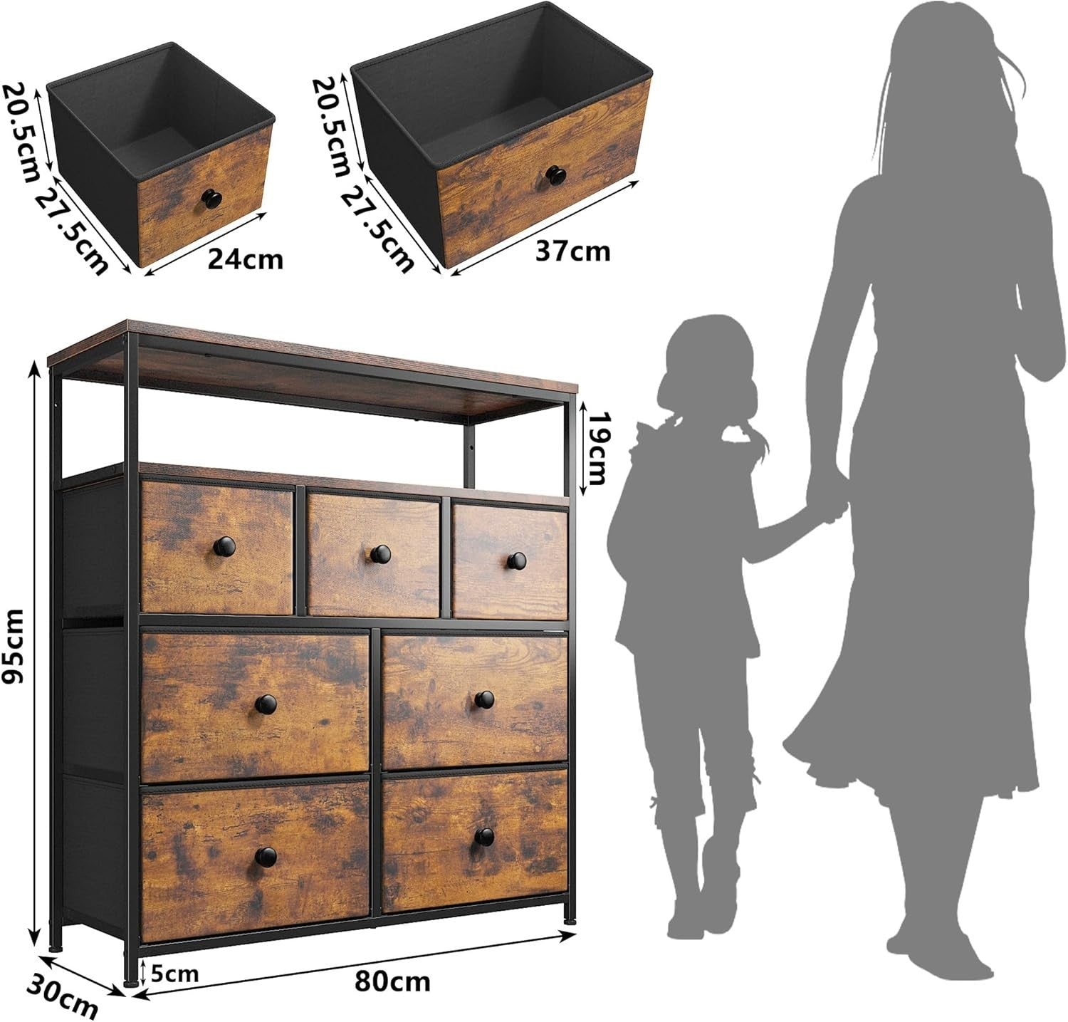 Tall Chest of Drawers Storage Unit 7 Fabric Drawers, Wood Top, Shelves