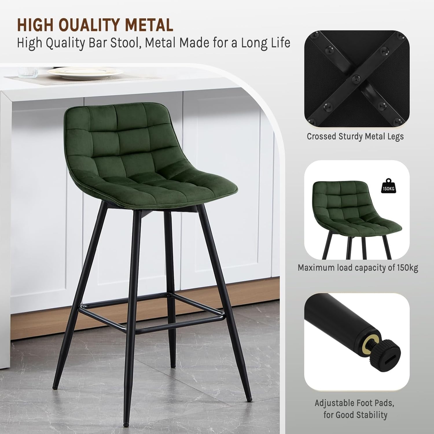 Set of 4 Brown Faux Leather Bar Stools L-Shaped Seat with Footrest 88cm