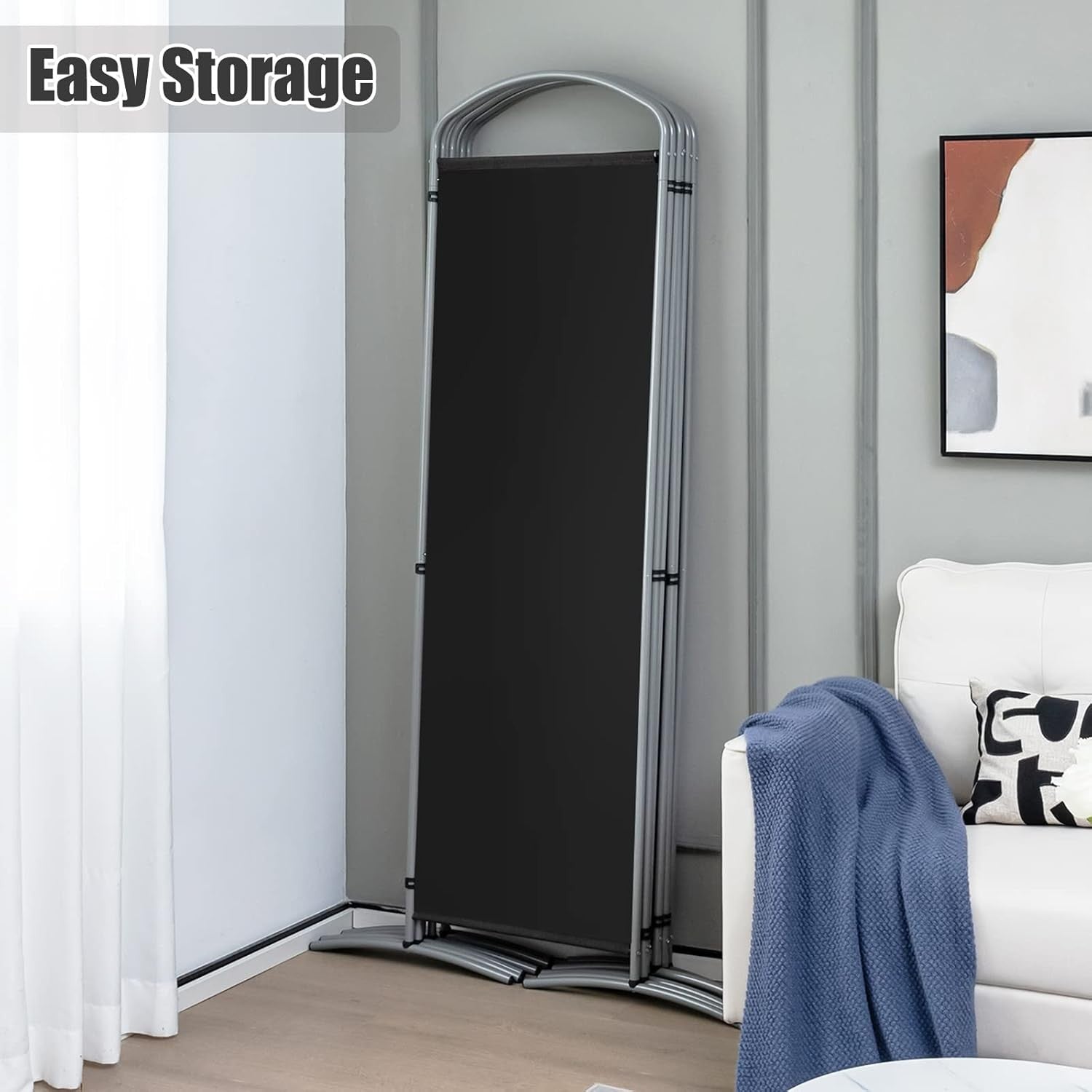 6 Panel Black Folding Room Divider Privacy Screen for Bedroom Office 188cm High