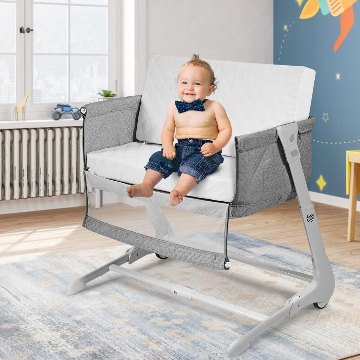 2in1 Baby Bedside Crib Adjustable Bassinet Sleeper Bed Detachable Side Mesh Grey