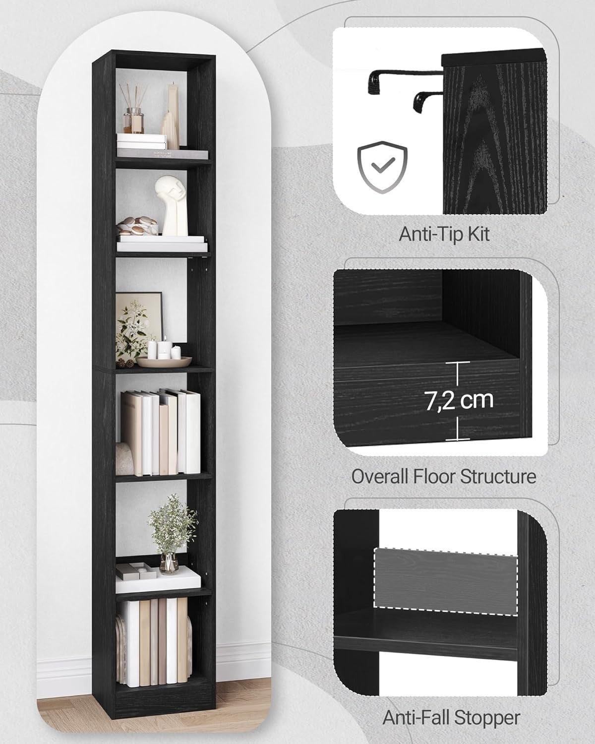 Modern 6-Tier Black Wooden Bookshelf, Adjustable Shelves, 24x30x184 cm