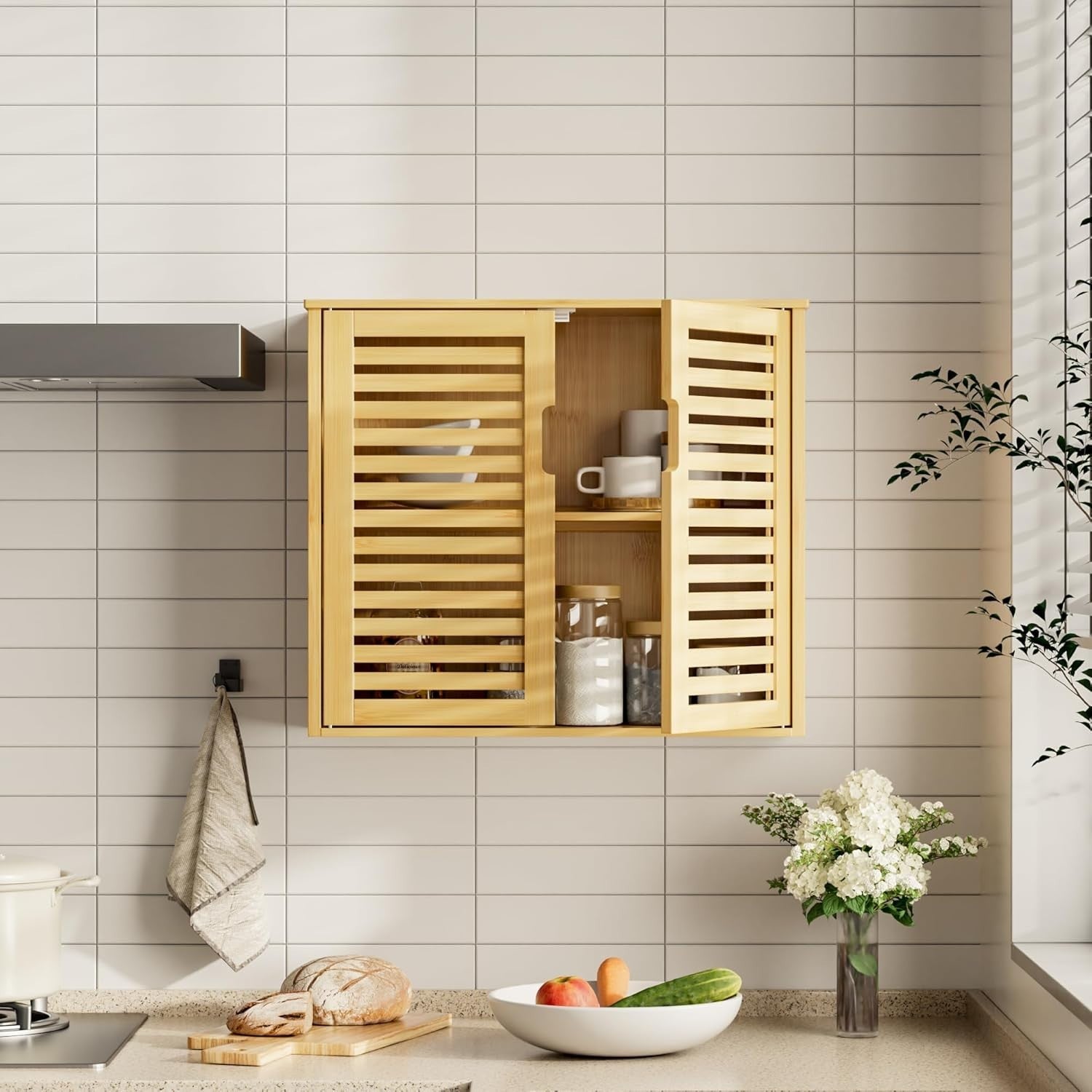Bamboo Wall Cabinet Bathroom Storage 2 Doors Adjustable Shelves Natural