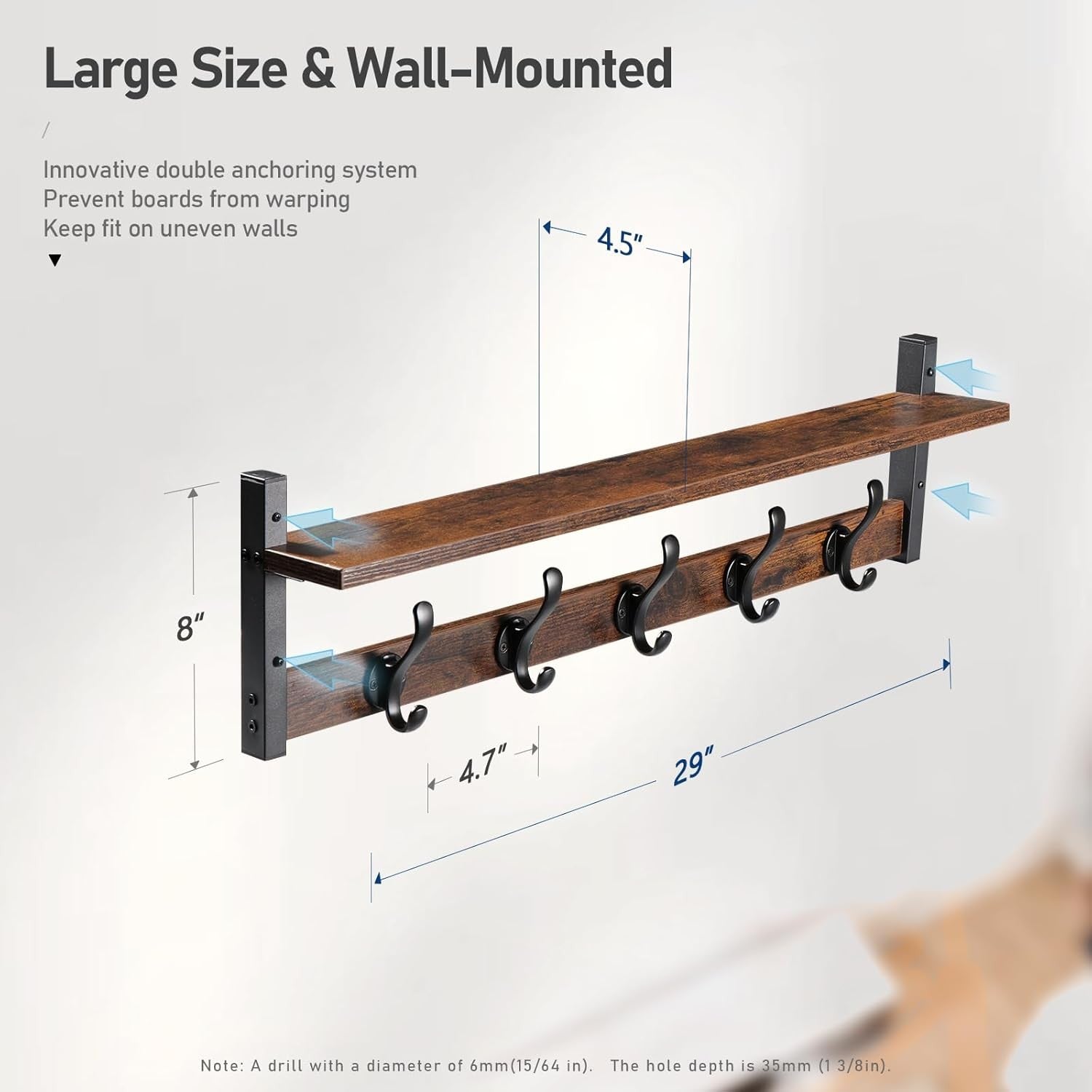 Rustic Brown Black Wall Mounted Coat Rack with Shelf | 29” Hooks Entryway