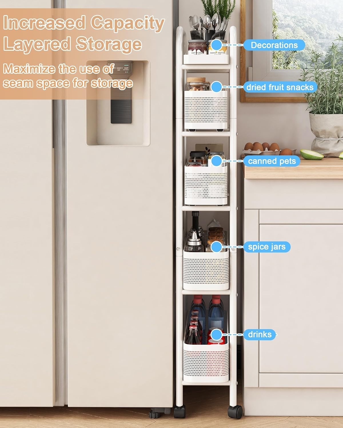 Slim 5 Tier Kitchen Storage Trolley w/ Pull Out Baskets