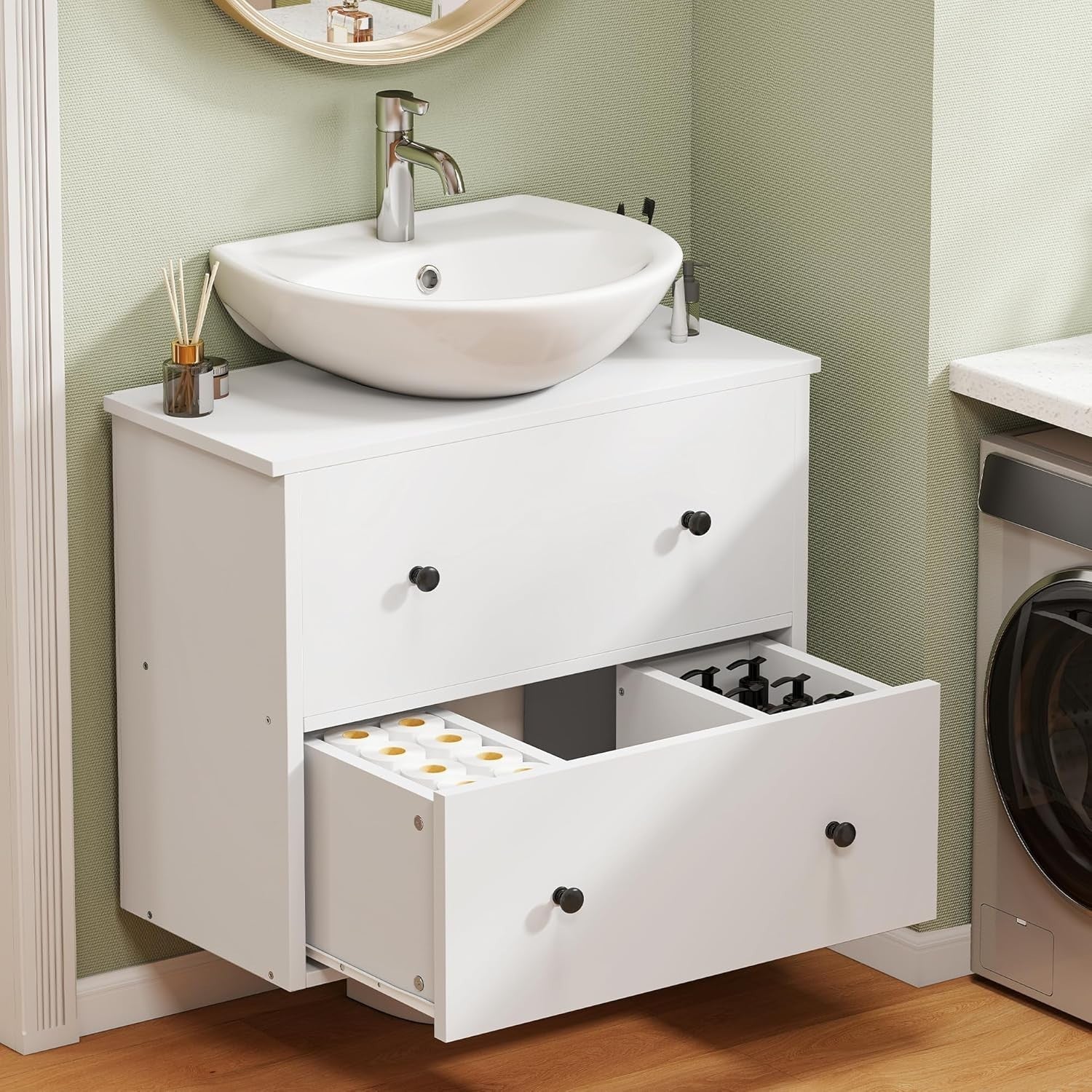 Under Sink Bathroom Cabinet White – 2 Drawer Storage Unit for Compact Bathrooms