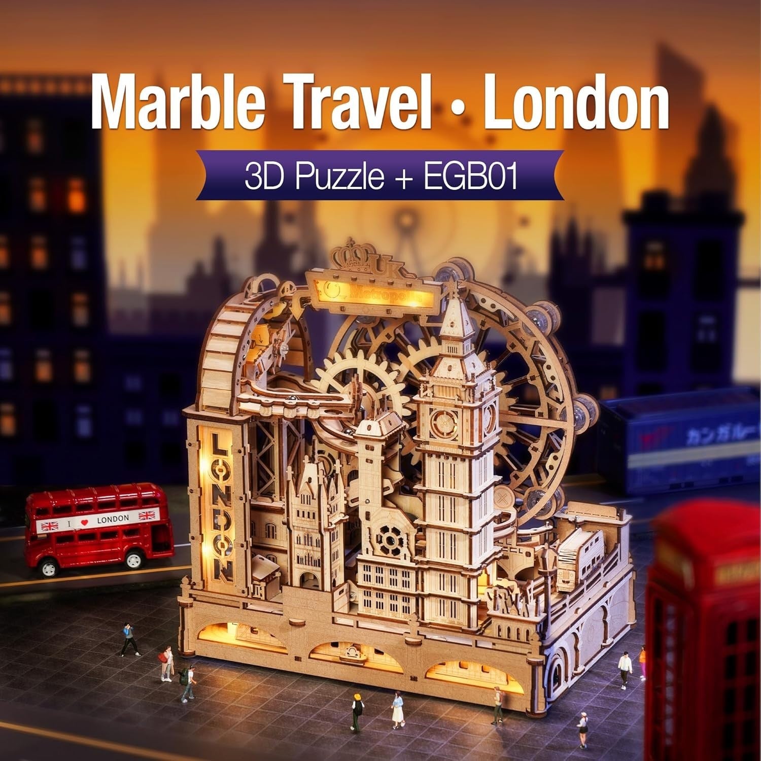 3D Wooden London Landmark Puzzle with Marble Track & LED Lights