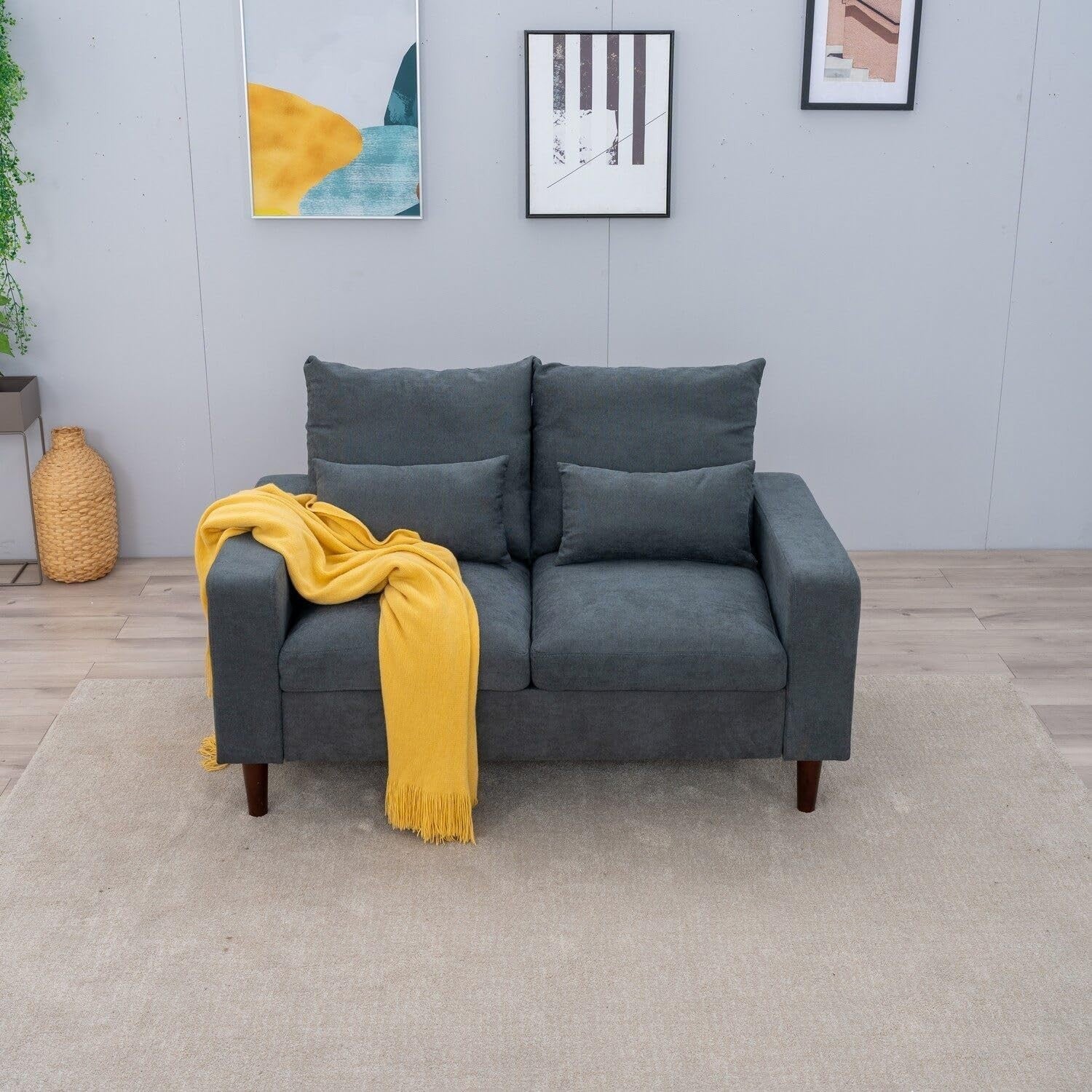 2 Seater Grey Fabric Sofa Couch with Cushions, Small Living Room Ready