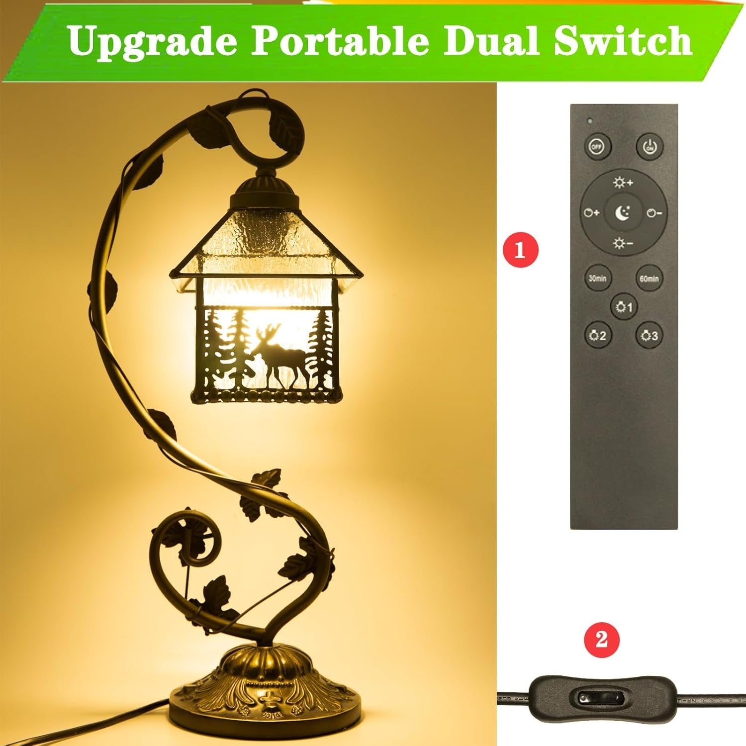 Stepless Dimmable Stained Glass Table Lamp with Remote & 3 Color Temps