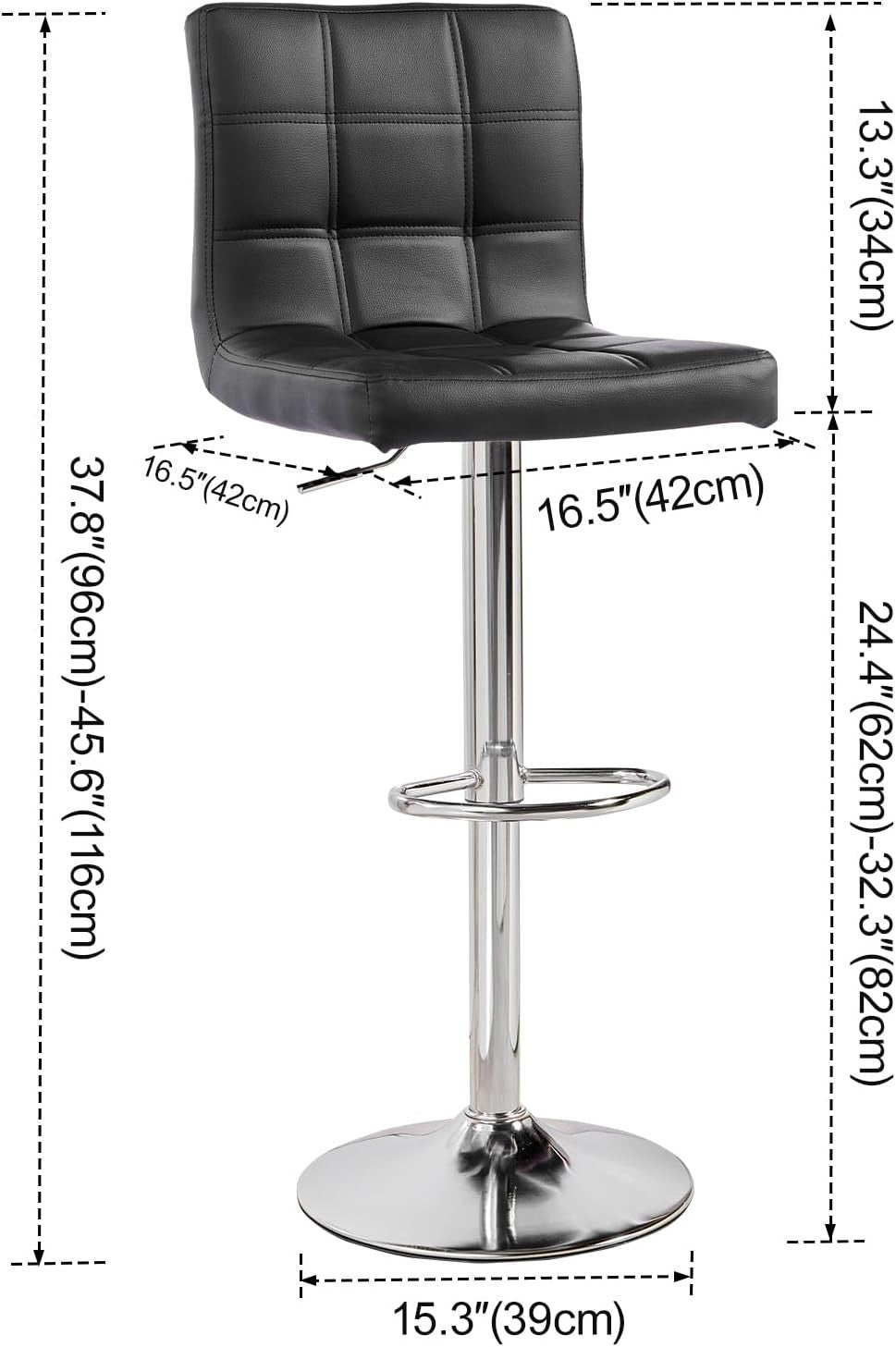 2PC Black PU Leather Bar Stools – Adjustable 360° Swivel Kitchen Chairs