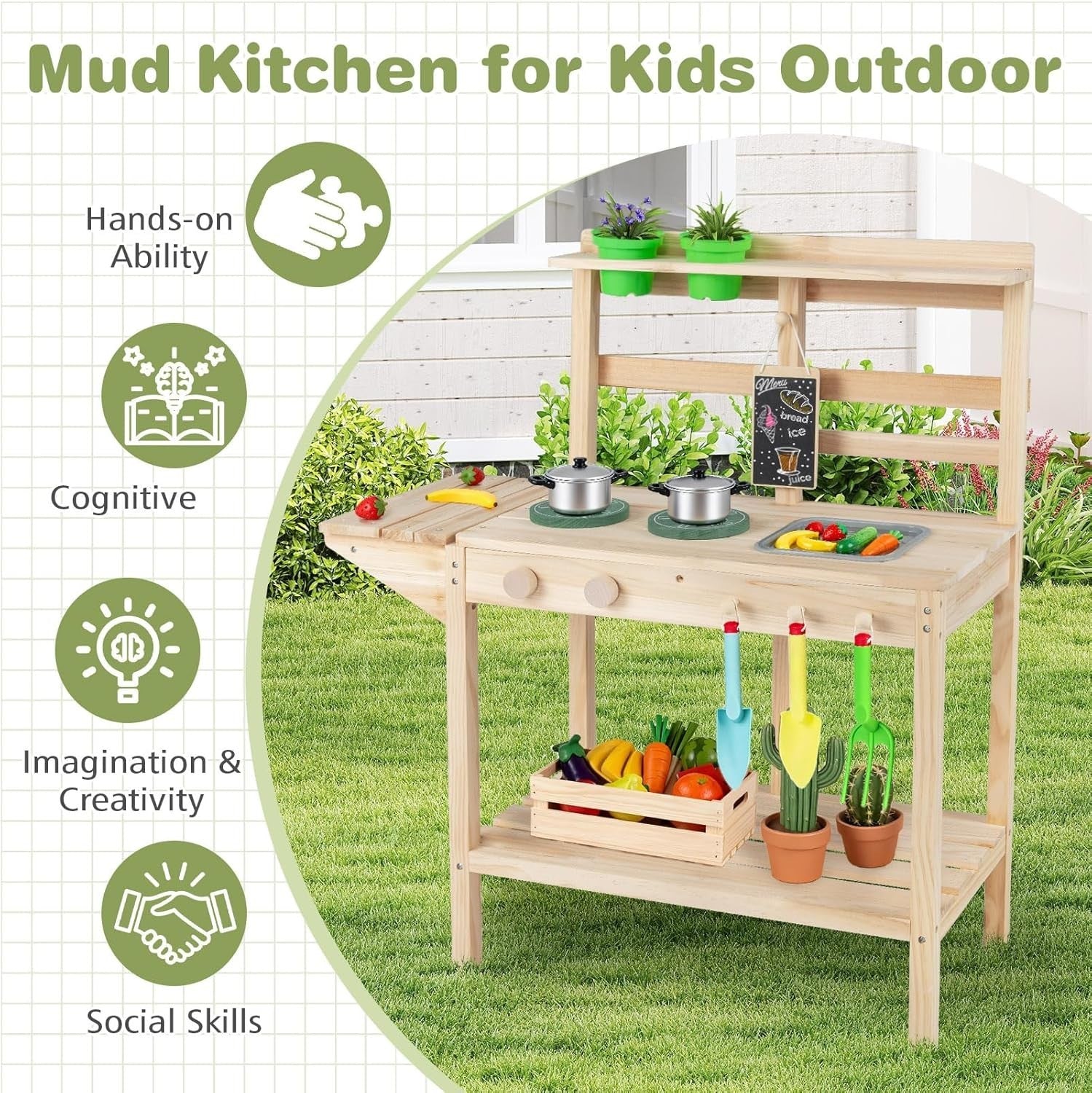 Outdoor Kids Mud Kitchen Wooden Playset Chalkboard Sink Toy