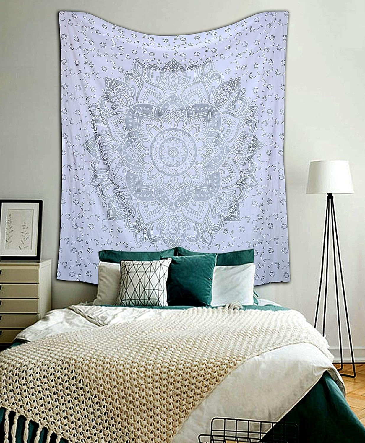 Boho Grey Silver Ombre Mandala Tapestry 55x82" Cotton Wall Decor