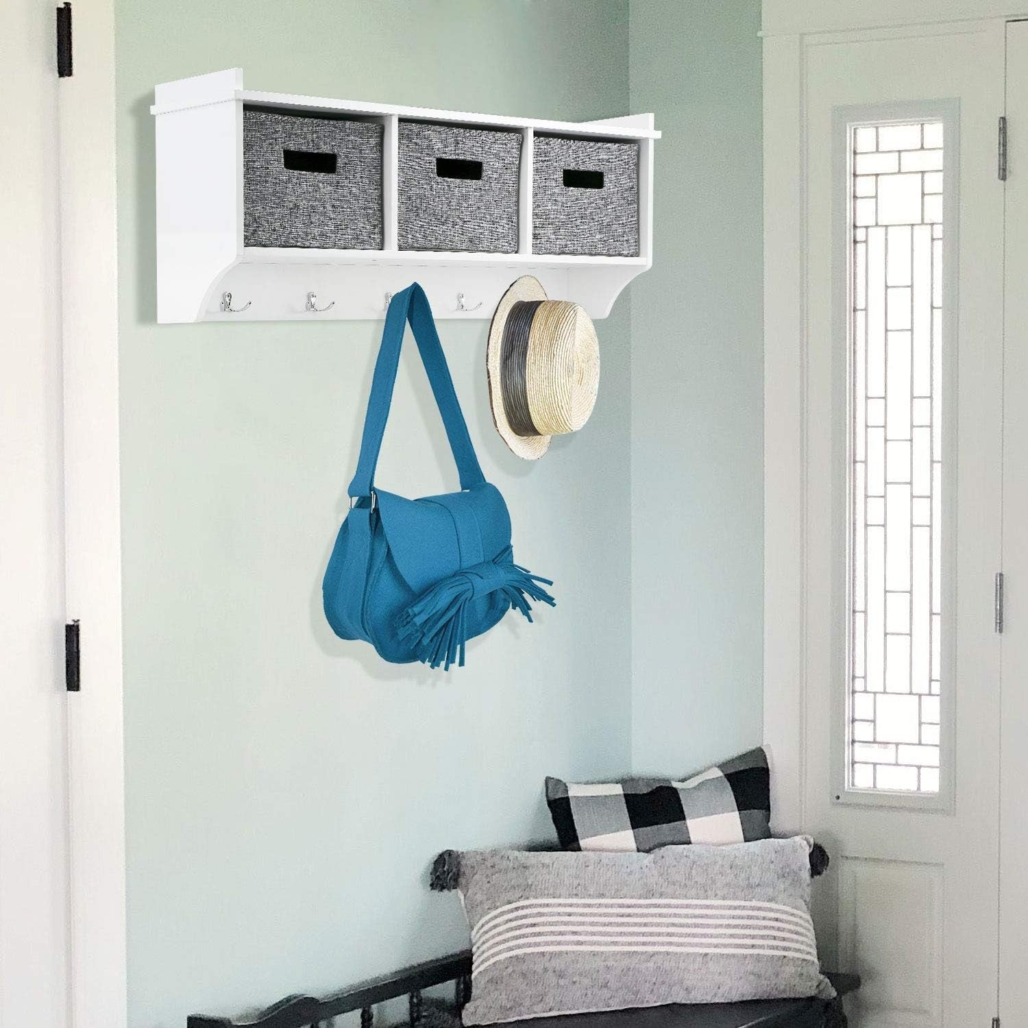 Wood Wall Coat Rack with 5 Hooks & 3 Fabric Baskets Entryway Storage Shelf